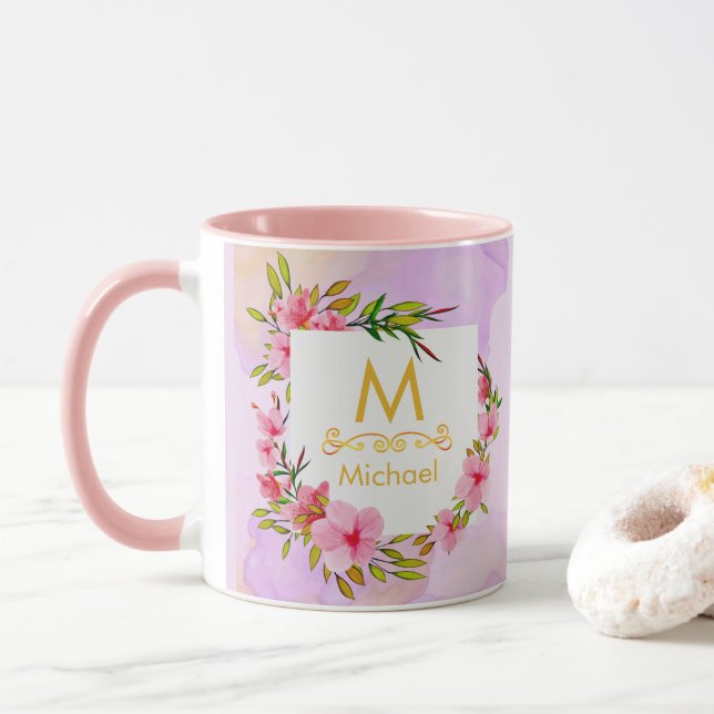Watercolor Floral Monogram I Gold Initial & Name Mug (With Donut)