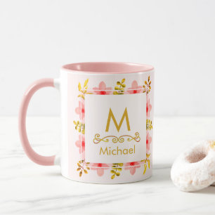 Watercolor Floral Monogram I Gold Initial & Name Mug