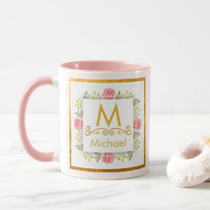 Watercolor Floral Monogram I Gold Initial & Name Mug