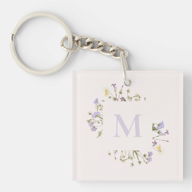 Watercolor floral monogram  key ring (Front)