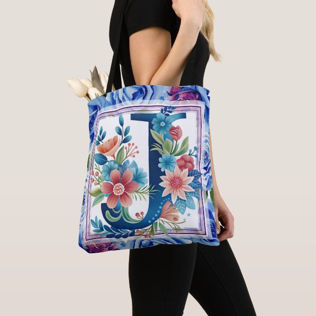 Watercolor Floral Monogram Letter J  Tote Bag (Close Up)