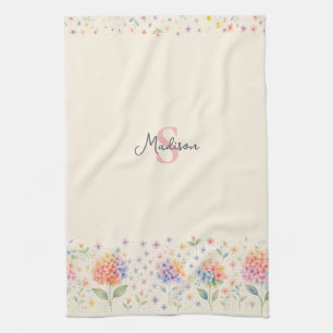 Watercolor Floral Monogram — Pastel Blossoms Tea Towel