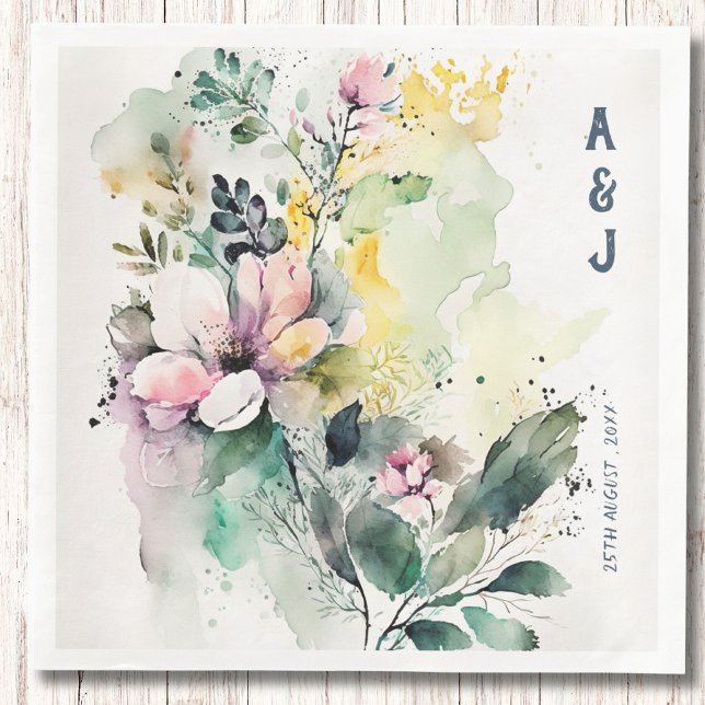 Watercolor Floral Monogram Wedding  Napkin (Creator Uploaded)