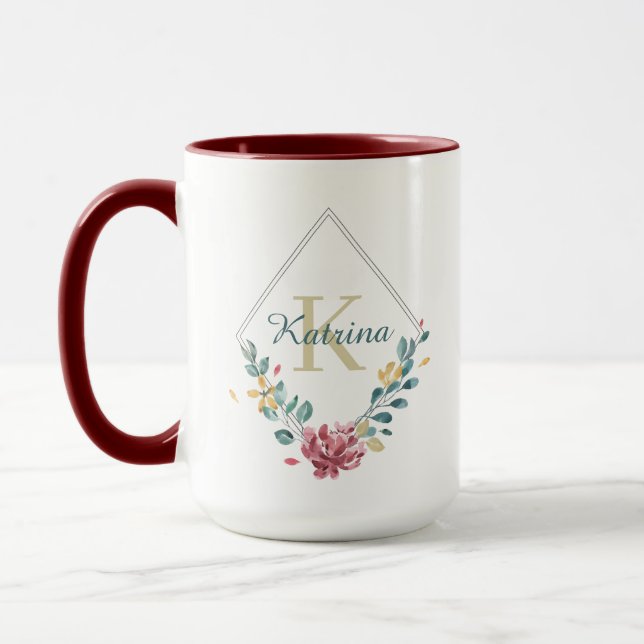 Watercolor Floral Monogrammed Mug (Left)