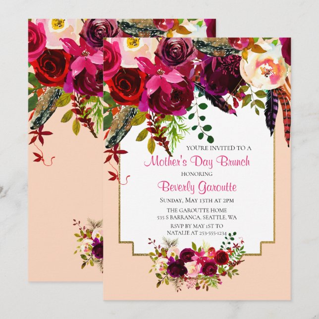 Watercolor Floral Mother's Day Brunch Invitation (Front/Back)