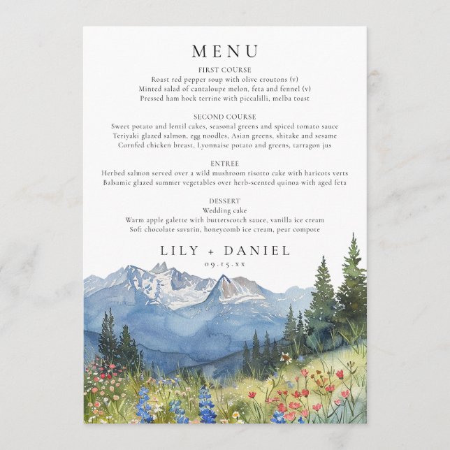 Watercolor Floral Mountain Wildflower Wedding Menu (Front)