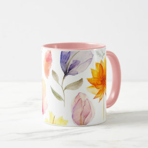 Watercolor Floral Mug Pink Handle Spring Flower