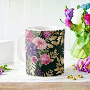 Watercolor floral Mug with Gold Accents