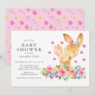 Watercolor Floral Mum Baby Bunny Baby Girl Shower Invitation