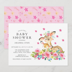 Watercolor Floral Mum & Baby Deer Baby Girl Shower Invitation