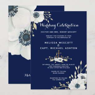 Watercolor Floral Nautical Navy and White Wedding Invitation