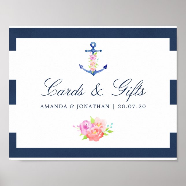 Watercolor Floral Nautical Wedding Cards and Gifts Poster (Front)
