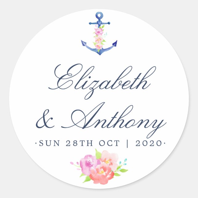 Watercolor Floral Nautical Wedding Classic Round Sticker (Front)