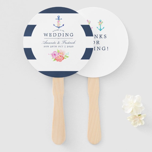 Watercolor Floral Nautical Wedding Favour Hand Fan (Front and Back)