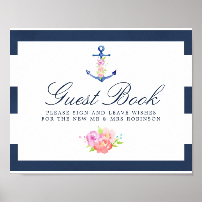 Watercolor Floral Nautical Wedding Guest Book Sign (Front)