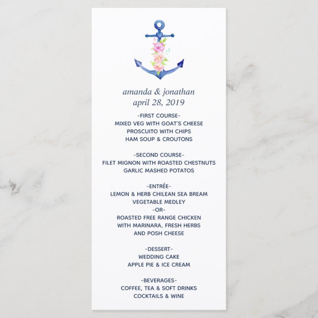 Watercolor Floral Nautical Wedding Menu (Front)