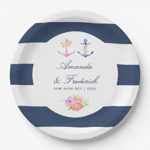 Watercolor Floral Nautical Wedding Paper Plate