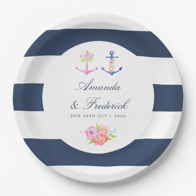 Watercolor Floral Nautical Wedding Paper Plate (Front)