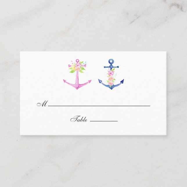 Watercolor Floral Nautical Wedding Place Card (Front)