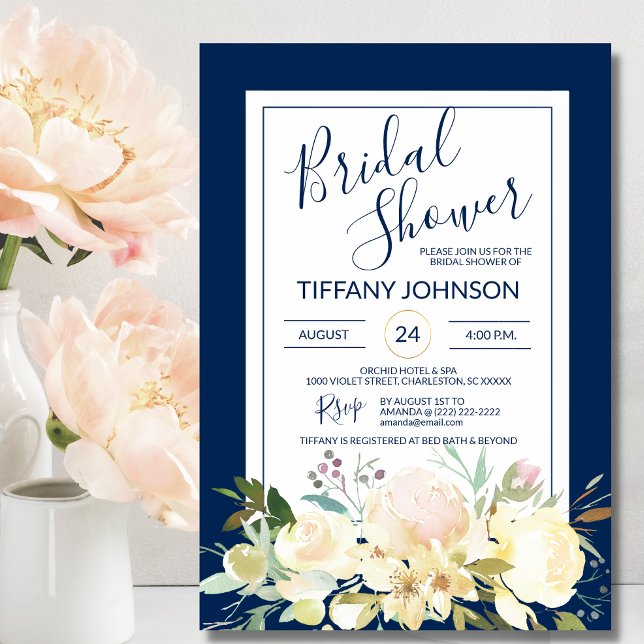 Watercolor Floral Navy Blue Bridal Shower Invitation (Creator Uploaded)