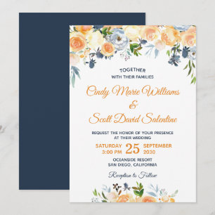 Watercolor Floral Navy Blue Coral Peach Wedding Invitation