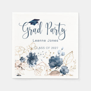 Watercolor floral navy blue & gold,  Graduation Napkin