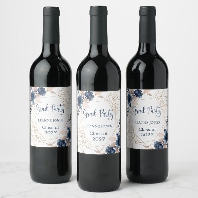 Watercolor floral navy blue & gold Graduation Wine Label (Bottles)