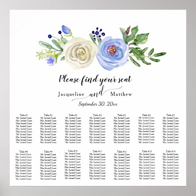 Watercolor Floral Navy Blue n White Seating Chart (Front)
