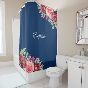 Watercolor Floral Navy Blue Personalised Shower Curtain
