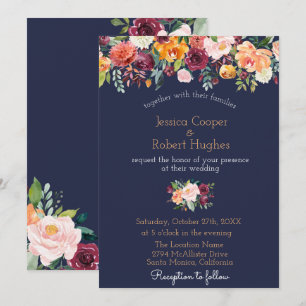 Watercolor Floral Navy Blue Wedding Invitation