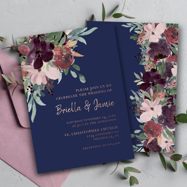 Watercolor Floral Navy Plum & Rose Gold Wedding (Creator Uploaded)