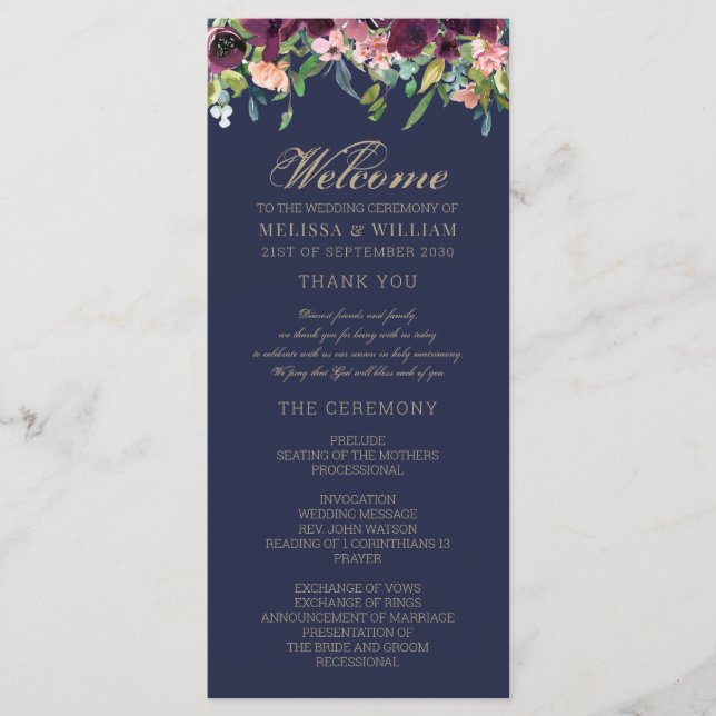 Watercolor Floral Navy Wedding Programme (Front)