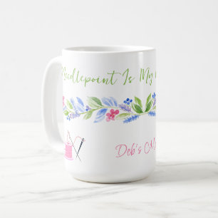 Watercolor Floral Needlepoint Happy Place NAME Coffee Mug