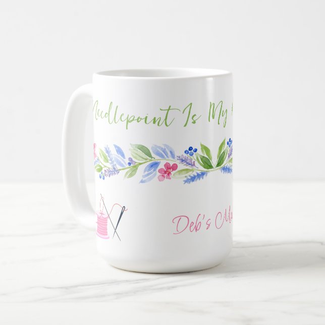 Watercolor Floral Needlepoint Happy Place NAME Coffee Mug (Front Left)