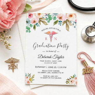 Watercolor Floral Nurse Graduate Photo Graduation Invitation