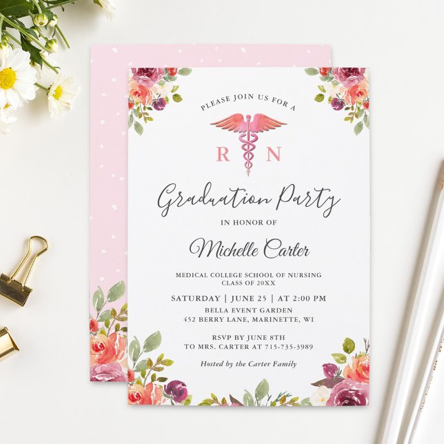 Watercolor Floral Nursing School Graduation Party Invitation (Creator Uploaded)