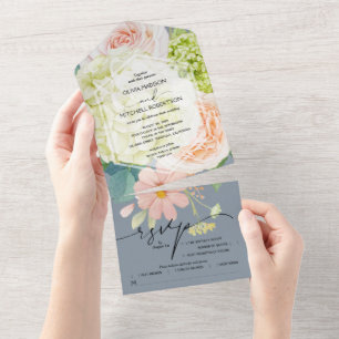 Watercolor Floral on Dusty Blue Wedding All In One Invitation