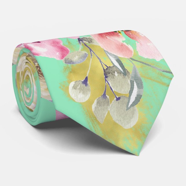 Watercolor Floral on Neo Mint Tie (Rolled)