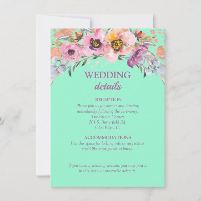 Watercolor Floral on Neo Mint Wedding Reception Invitation (Front)