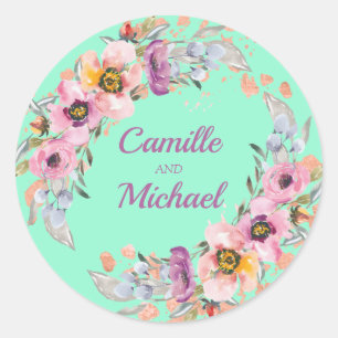 Watercolor Floral on Neo Mint with Rose Gold Classic Round Sticker