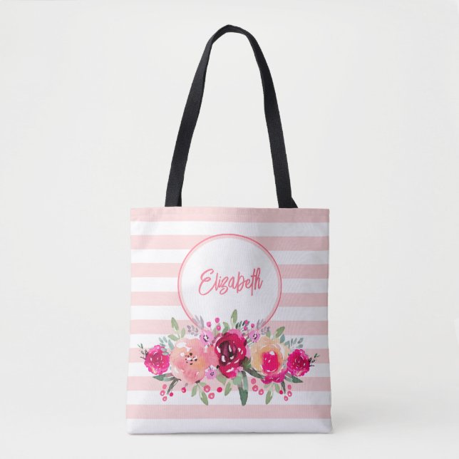 Watercolor Floral on Pink Stripes Monogram Tote Ba (Front)