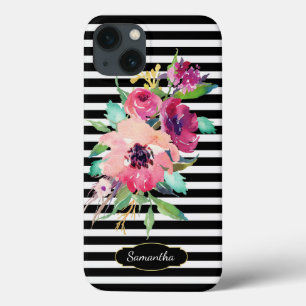 Watercolor Floral on Stripes with Monogram iPhone 13 Case