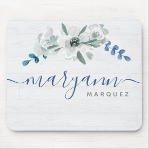 Watercolor floral on white wood Personalised name Mouse Mat