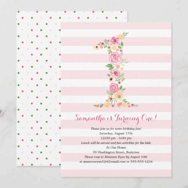 Watercolor Floral One First Birthday Invitation (Front/Back)