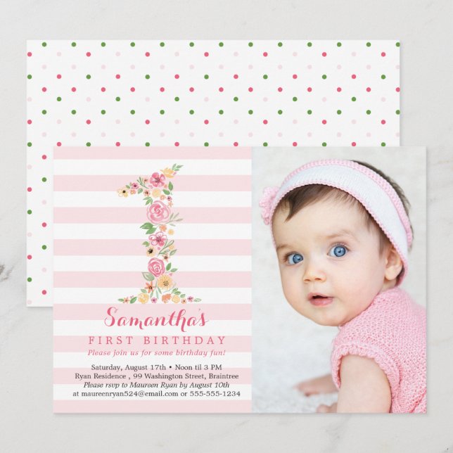 Watercolor Floral One First Birthday with Photo Invitation (Front/Back)