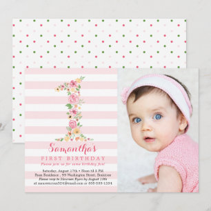 Watercolor Floral One First Birthday with Photo Invitation