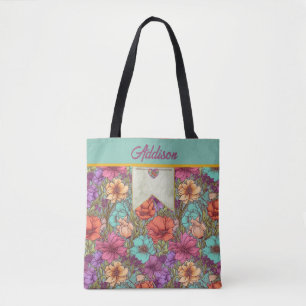 Watercolor Floral Orange Aqua Cream Rose Botanical Tote Bag