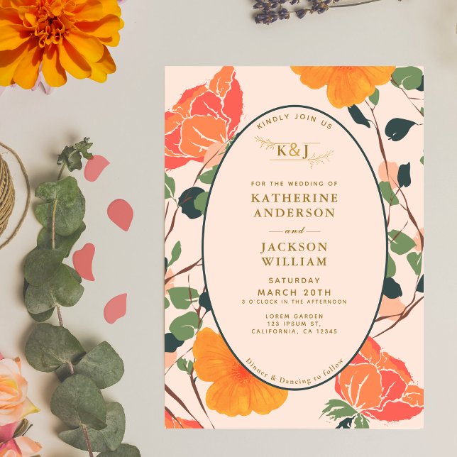Watercolor floral orange flowers Peach Wedding Invitation (Creator Uploaded)