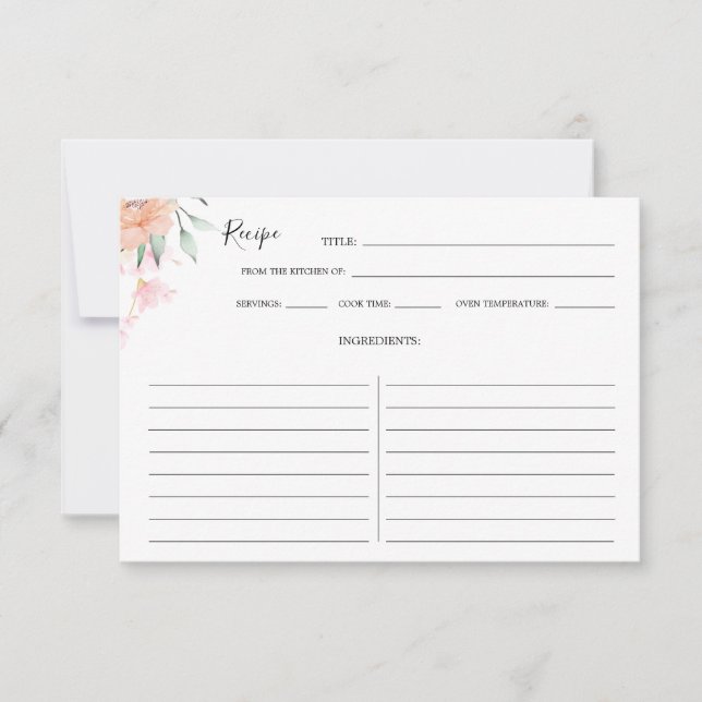 Watercolor Floral Orange Pink Green Recipe Card (Front)