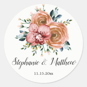 watercolor Floral Orange Roses Orchids Wedding Classic Round Sticker